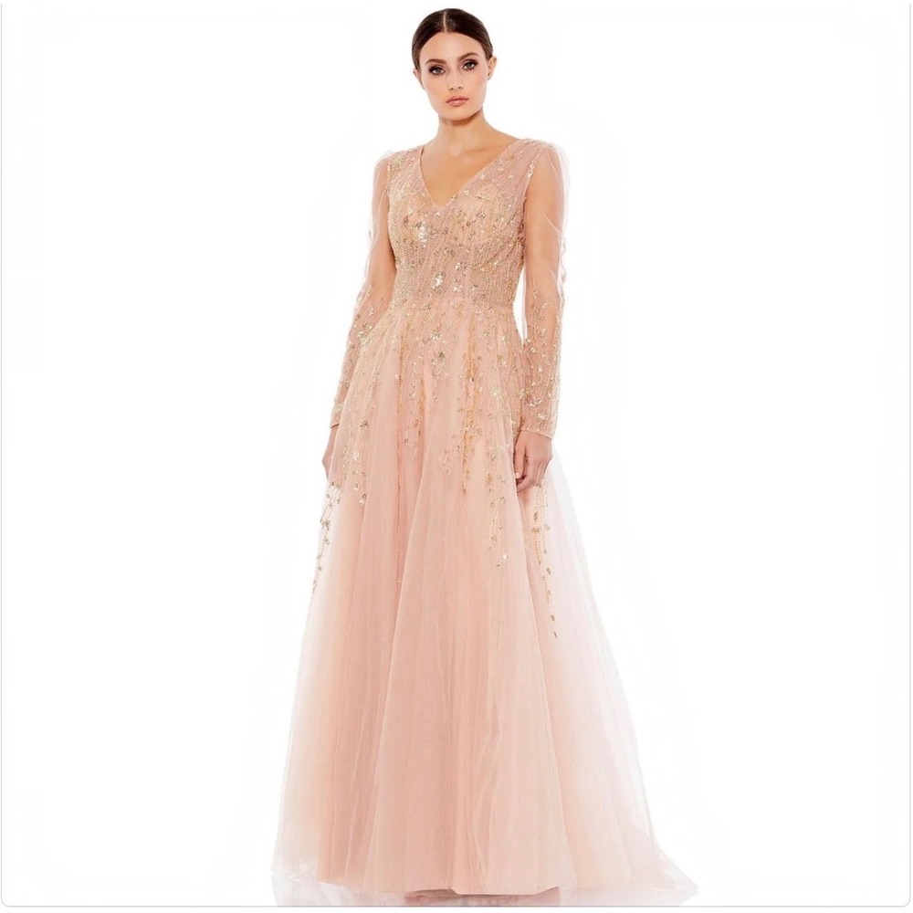 NEW MAC DUGGAL Pink Champagne Beaded Long Sleeve Gown Size 14 NWT